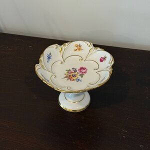 Vintage Floral Pedestal Bowl with Gold Accents
